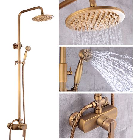 Colonne de douche en laiton vintage, système de douche ancien, ensemble de douche mural avec robinet mitigeur réglable, base à motifs. (1/5)