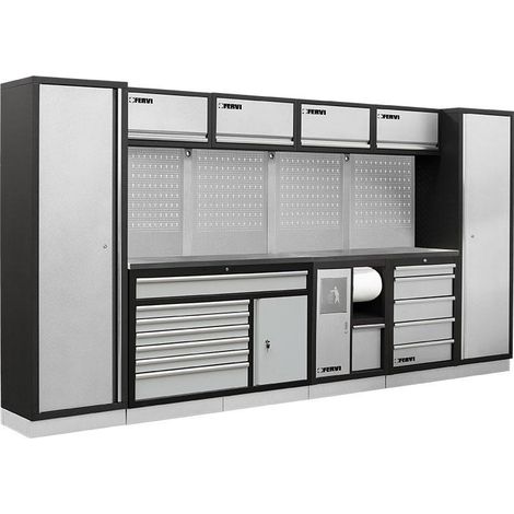 Modulares Werkstattmobel mit Edelstahlplatte Schranke und Schubladen Fervi a008v