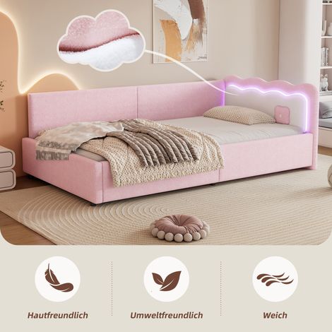 Canapé convertible 90x200 cm, banquette-lit avec éclairage LED, sommier à lattes (sans matelas), housse en fausse fourrure rose, usage quotidien. (1/5)