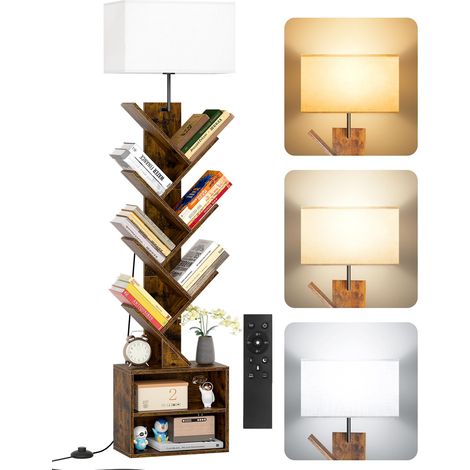 Petite Bibliothèque Arbre en Bois sur Pied avec Éclairage, Étagère à 9 Niveaux avec Télécommande et Armoire, Meuble d’Angle pour Livres, CD et DVD, pour Salon, Chambre, Bureau(Rustic Brown) (1/5)