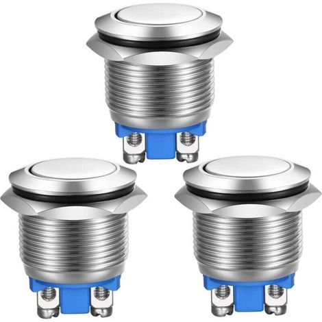 3pcs Bouton Poussoir Momentané Bornes à vis en Acier Inoxydable Bouton étanche à l'eau 19mm 2A 12V/24V/125V/250V(Tête Plate)