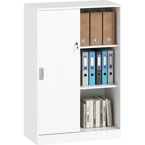 Armoire blanche 2 portes coulissantes 3 étagères avec porte-clés, 80x40x120 cm, rangement bureau ou entrée