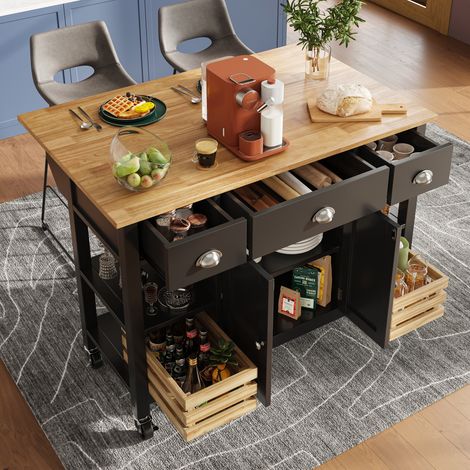 Eifson – Desserte de cuisine 120x45x90cm – Plateau pliable en bois veiné – Panier en pin – 3 tiroirs – Cloisons réglables – Roulettes pivotantes 360° – Noir (1/5)