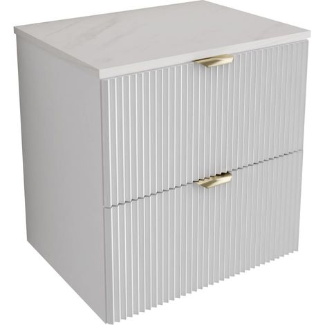 Mobile da bagno con frontale scanalato 60 cm con 2 cassetti, bianco con piano in marmo (MDF), con maniglia dorata, 60 x 47 x 60 cm (1/5)