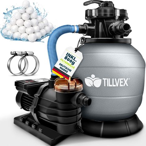 tillvex Sandfilteranlage Pool mit Timer 10 m³/h inkl. 800g Filterbälle Grau Filteranlage 7-Wege Ventil & 2in1 Adapter Ø32mm - 38mm Poolfilter mit Druckanzeige Sandfilter für Schwimmbecken