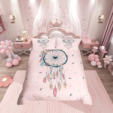 Parure de lit avec housse de couette respirante et plumes pour garçons et filles, motif attrape-rêves rose, pour lit double (1/4)