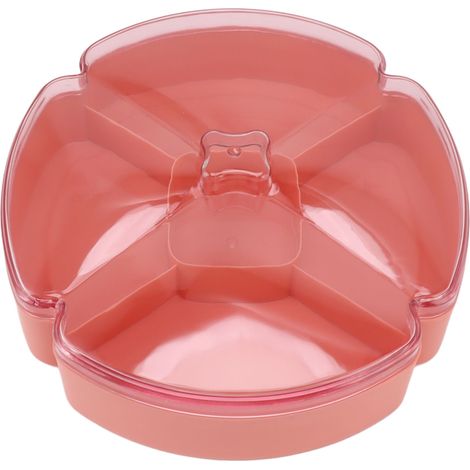 Servierplatte für Vorspeisen, runder rosa Plastikteller mit Obst, Nüssen und Süßigkeiten, 5 Fächer, ideal für Thanksgiving und das chinesische Neujahr. (1/5)