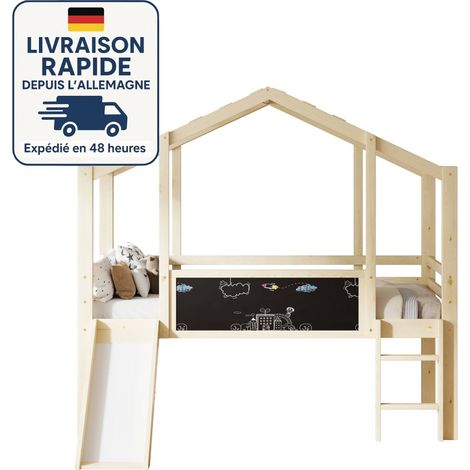 Cama alta infantil 90x200 - Con escalera y tobogán de seguridad - Con panel decorativo - Pintura sin formaldehído - Madera con certificación PEFC - Color madera (1/5)