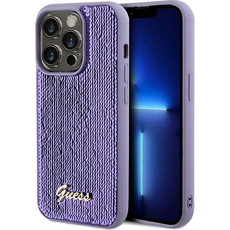 Guess GUHCP14XPSFDGSU iPhone 14 Pro Max 6.7" custodia rigida viola/viola con scritta in paillettes e metallo (1/5)