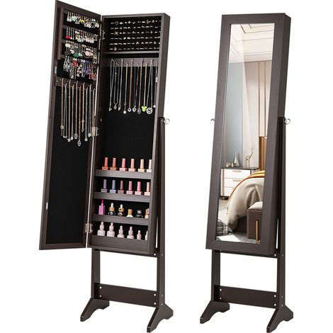 Armoire à bijoux sur pied marron rustique en MDF avec miroir pleine longueur et rangement spacieux pour chambre dressing et entrée (1/5)