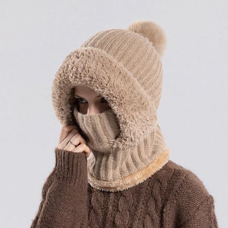 Bonnet Tricoté - Cache-Visage 3-en-1 - Écharpe et Masque Intégrés - Doublure Polaire - Pour Hiver - Taille Unique - 1 Pièce (1/5)