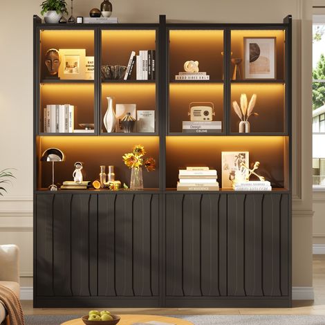 Vitrine de salon lot de 2 avec led et portes en verre - 160x35x200cm - bibliothèque moderne meuble de rangement en bois - noir (1/5)