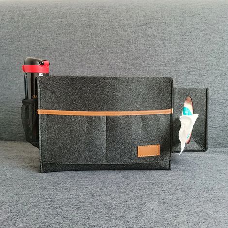 Pochette de chevet gris foncé, sac de rangement en feutre pour table de chevet, organiseur avec porte-documents pour télécommande, tablette et câble de chargement. (1/5)