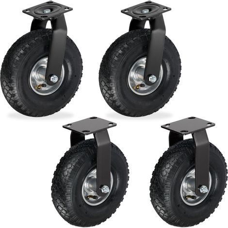 Relaxdays Set 2 ruote fisse + 2 ruote girevoli, pneumatiche 3.00-4, portata 120 kg, nero/argento