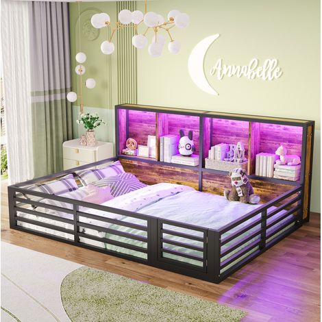 MEUBLIV Cadre de lit 140x200 cm noir – rangements latéraux et LED intégrée, sans matelas (1/5)