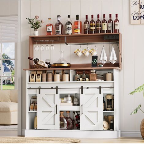 Credenza bar in MDF bianco e naturale 120x40x130 cm, con ante scorrevoli, portabicchieri, ripiani e prese 2 AC + 2 USB (1/5)