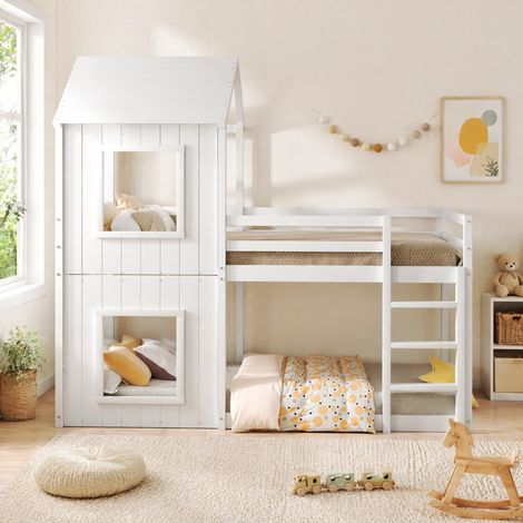 Litera infantil de madera blanca 90x200 cm, ahorra espacio para dormitorio, sin colchón FloraGrace (1/5)