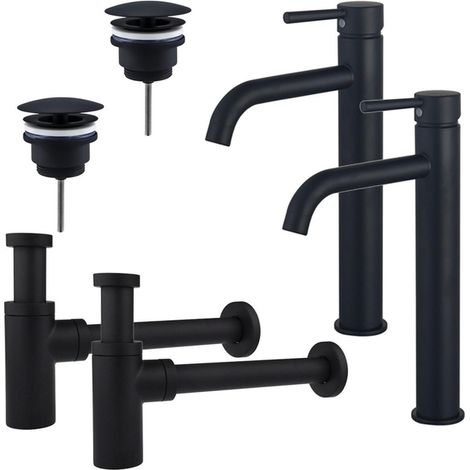 FugaFlow Eccelente Sobrado Kit robinet lavabo - pour double vasque - robinet rehaussé - bonde non-obturable - siphon design - Noir mat (1/4)