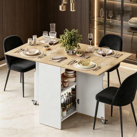 Table pliante roulante avec rangement intégré pour une utilisation flexible, table pliante, table basse mobile, table d'appoint fonctionnelle, table à manger extensible (uniquement avec 1 table à mang (1/5)