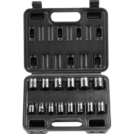 Coffret de douilles à impact 3/8" 14 pièces métriques 7-20 mm en acier Cr-Mo pour réparation automobile, rangement inclus. (1/5)