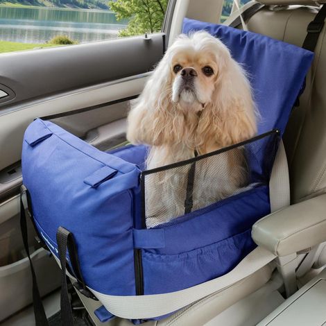 Hunde Autositz Sitzerhöhung mit Sicherheitsleine und Aufbewahrungstaschen, Blau (1/5)