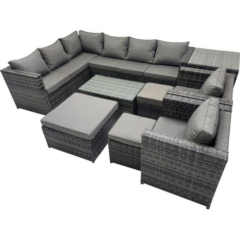 Fimous Outdoor Rattan Rectangular Coffee Table Corner Sofa Sets Garden Furniture Set with 2 Chairs 3 Stools Side Table Dark Grey Mixed (1/5)