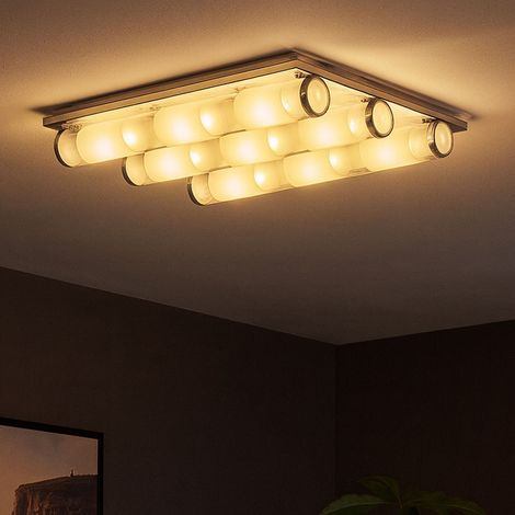 Deckenleuchte Glas satiniert Wohnzimmerleuchte Decke Deckenlampe chrom, Alu, 9 LED 3W 300Lm warmweiß, LxBxH 40x40x8 cm