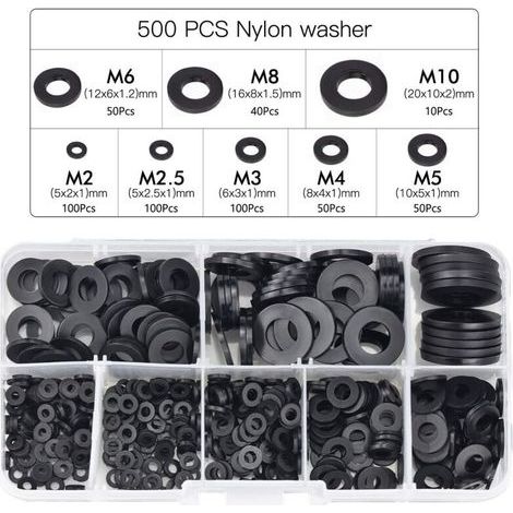 500 Pcs Rondelles Plastique Noir Rondelles À Verrouillage Fixations, Rondelle Autobloquante Assortiment Rondelle Mécanique M2.5 M3 M4 M5 M6 M8 M10 (1/5)