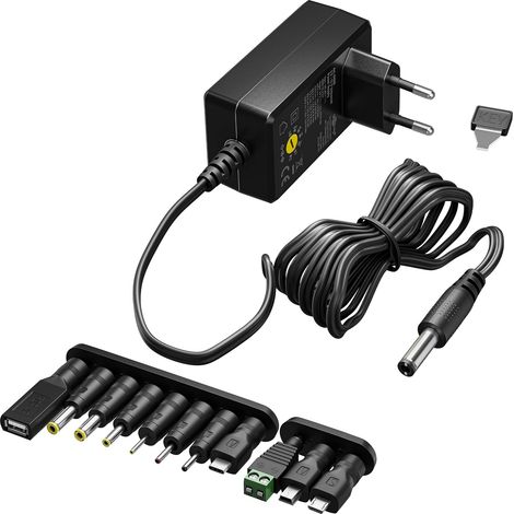 Adaptateur Secteur Universel 3V-12V, Max. 27W / Adaptateur DC Interchangeable/pour TV, PC, routeur, Bandes LED/Tension Variable/USB C, USB A, Micro USB / 11 adaptateurs Inclus/Noir (1/5)
