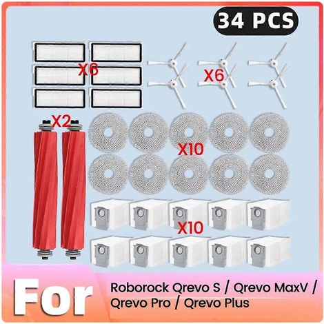 Packung mit 34 Filtern für die Hauptseitenbürste und Staubbeutel für Roborock Qrevo Pro/Qrevo MaxV/Qrevo S/Qrevo Plus Staubsauger