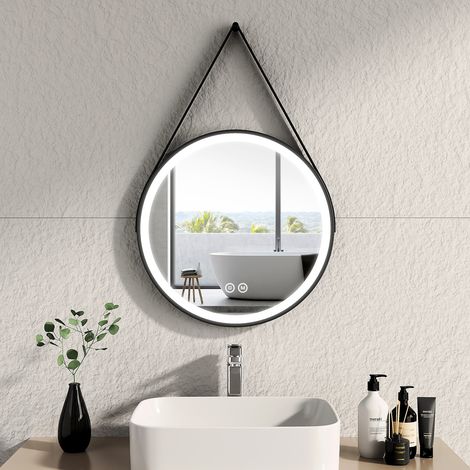 EMKE Espejo de Baño Redondo LED Marco Negro con Correa Ajustable Interruptor Táctil - Diámetro 50 cm Luz blanca fría/cálida/neutra