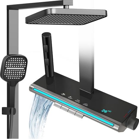 Colonne de Douche Noire avec Tête Carrée 32x22cm Ensemble de Douche 4 Modes et Hauteur Réglable Douchette avec Mitigeur LED Affichage Numérique Pommeau de Douche Salle de Bain