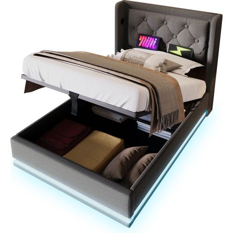 Lit Coffre Simple 90×200 cm en Coton, Lit Simple avec USB Type-C, LED 3 Côtés, sans Matelas, Gris (1/5)
