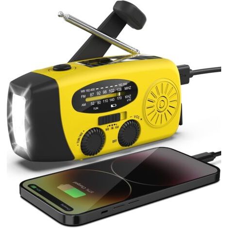 Tragbares AM/FM-Solarradio mit 2000-mAh-Akku, Handkurbelgenerator, USB-Anschluss, wiederaufladbarem SOS-Alarm/Taschenlampe – ideal für Camping und Reisen. (1/5)