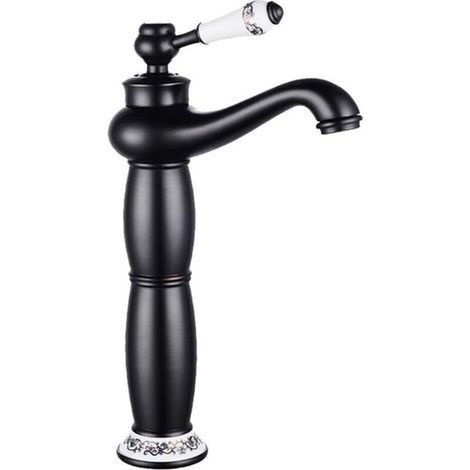 Robinet de salle de bain à col de cygne, à poignée unique, montage sur comptoir, à un seul trou, convient aux lavabos, robinet d'eau chaude et froide (noir). (1/4)
