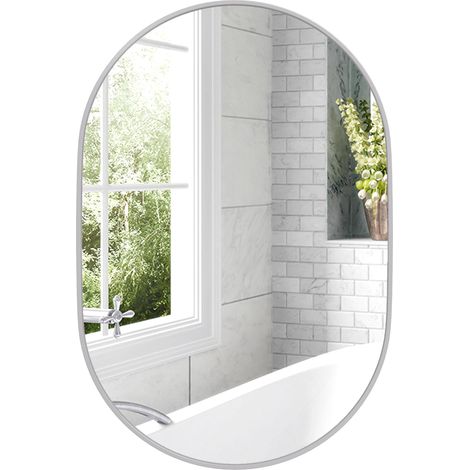 Miroir de salle de bain ovale, 60x90 cm, miroir mural décoratif, cadre en aluminium, convient pour le salon, peut être accroché horizontalement ou verticalement, argenté. (1/5)
