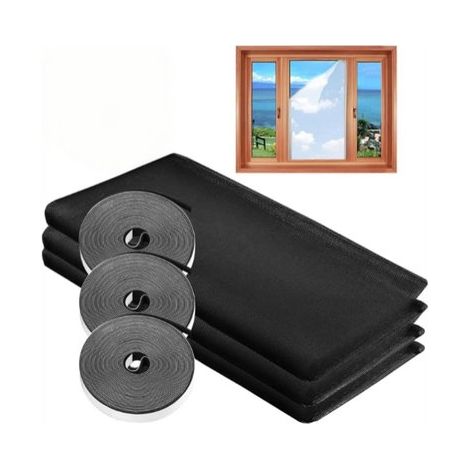 Moustiquaires pour fenêtres, lot de 3 moustiquaires auto-adhésives anti-insectes, découpables sur mesure, 150 x 150 cm, toile noire. (1/5)
