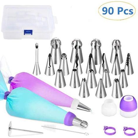 90 pièces douilles à pâtisserie en acier inoxydable, embouts variés (couronne, fleur, feuille, étoile), kit complet pour décoration de gâteaux et cupcakes (1/5)