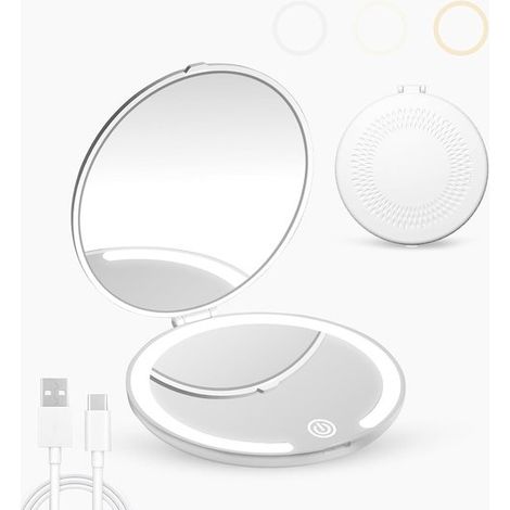 Miroir de maquillage lumineux - Miroir de poche - Miroir de maquillage lumineux avec fonction grossissante - Mini miroir de voyage grossissant - Miroir de poche LED portable (grossissement 1x et 5x) - (1/2)