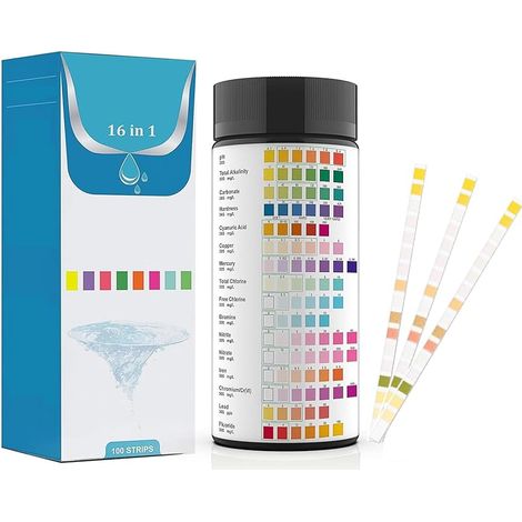 Bandelettes De Test d'Eau 16-En-1 (100 Pièces), Analyse Rapide Du Ph, Chlore, Dureté, Plomb & Mercure, pour Eau Potable, Piscine, Aquarium Et Spa, Résultats En 60 Secondes