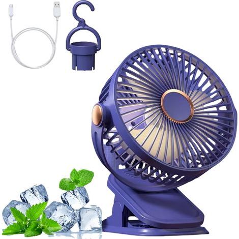 Ventilateur pince, USB Silencieux, 5 Vitesses, Rotation 360°, Avec des lumières, Convient aux bureaux aux dortoirs,1200mah,bleu (1/5)