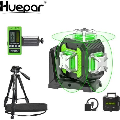 Huepar SE13CG Nivel Láser Verde 3x360° 12 Líneas, Kit con Receptor LR5RG y Trípode TPD14 143 cm, Autonivelante, Modo Pulso, Batería 4400 mAh (1/5)