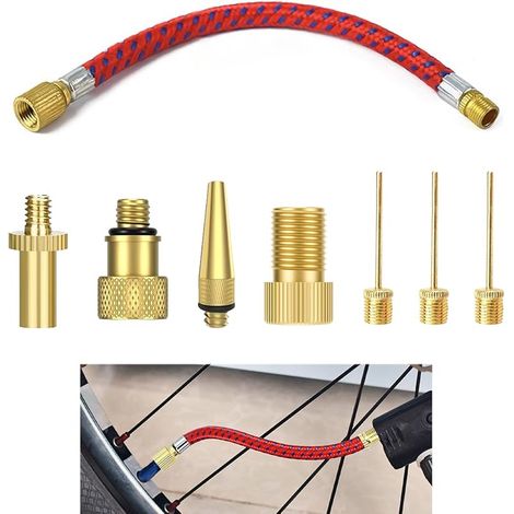 8 Pièces Embout Pompe Vélo, Adaptateur Valve Vélo Kit avec Rallonge Valve 16cm, Adaptateurs Presta Schrader Dunlop, Aiguille Gonflage Ballons, pour Matelas Gonflables Trottinette Accessoires Sportifs (1/5)