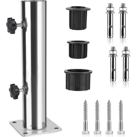 Tube Parasol, Pied de Parasol, Support Parasol en Acier Inoxydable Réglable avec 3 Anneaux de Réduction en PVC (32/38/48mm), Pied pour Parasol avec 8 Clous en Acier (1/5)