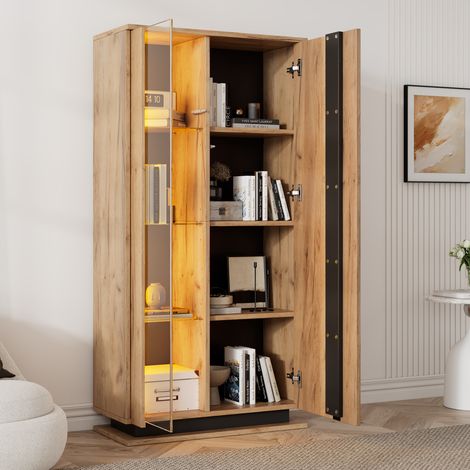 Vitrine étroite 80x35x160 cm en bois, meuble d'exposition avec 8 étagères et portes en acrylique, armoire vitrée haute pour salon, 160 cm de hauteur. (1/5)