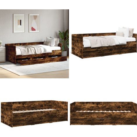 Lit de jour avec tiroirs sans matelas chêne fumé 90x200 cm - Lit Deux Places - Canapé Lit - Meuble Multifonction - Rangements Intégrés - Tiroir Coulissant - Home & Living