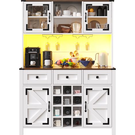 Aparador Alto de Cocina con 4 Puertas, 3 Cajones, LED, Enchufes y USB, en MDF y Vidrio, 120 x 40 x 170 cm, Blanco (1/5)