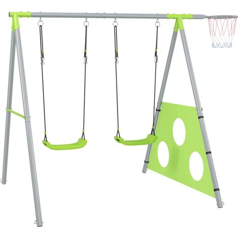Gioco per Bambini 3 in 1 238x180x182 cm con 2 Altalene Canestro e Porta da Calcio Verde e Grigio (1/5)