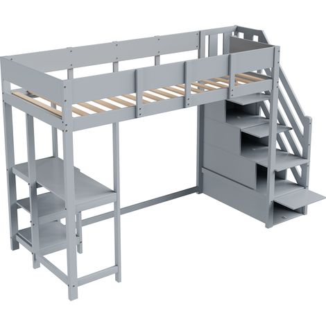 Cama Alta Individual con Escalera de Almacenaje y Estantería 90×200 cm, sin Colchón, de Madera, Gris (1/5)