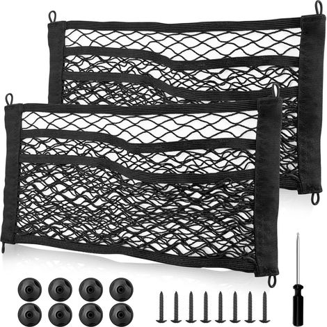 Lot de 2 filets de rangement 3 couches, 45x25 cm, pour coffre de voiture et camping-car, avec outils de montage. (1/5)